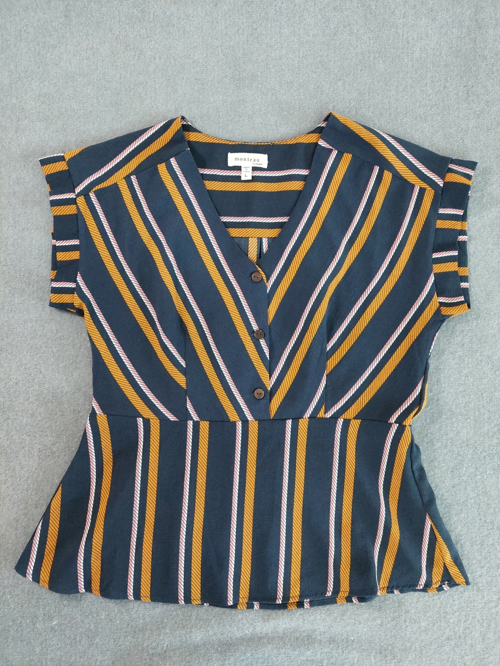 Monteau Los Angeles Striped Peplum Blouse Size L Cap Sleeve V-Neck Navy Yellow - Picture 2 of 6